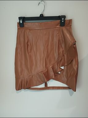 Faux Leather Asymmetrical Ruffle Mini Skirt in Chestnut Brown